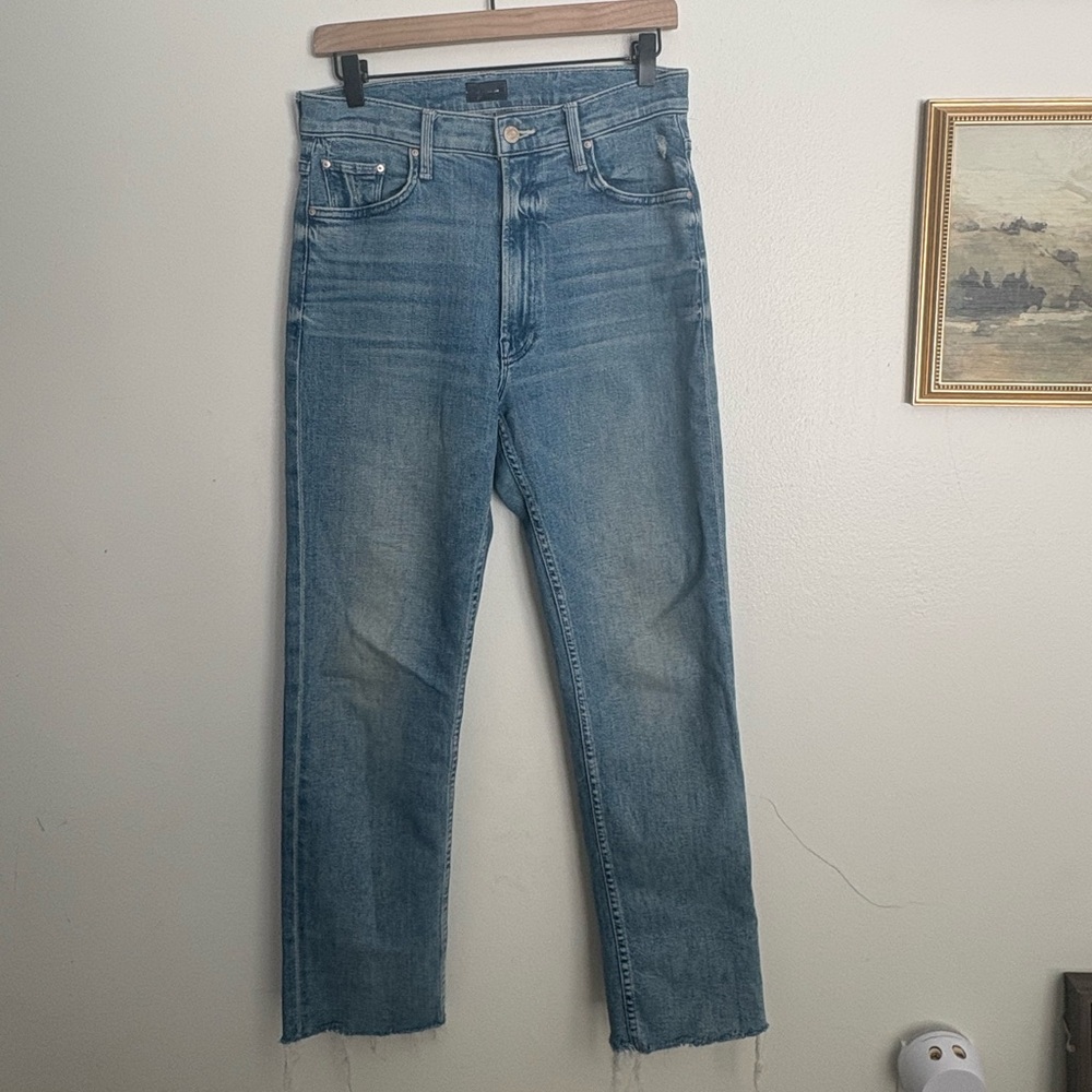 MOTHER High Waisted Rider Ankle Fray Fish Out of Water Straight Jeans size 28
